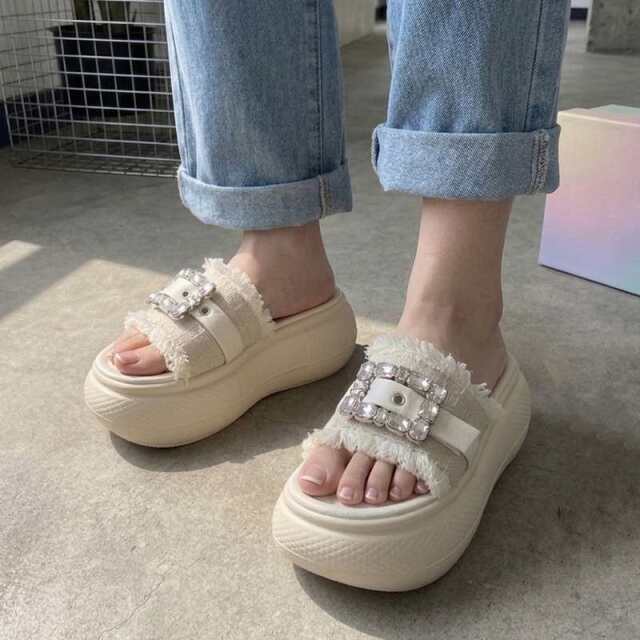 ツイードストーン厚底サンダル