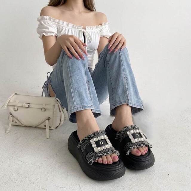 ツイードストーン厚底サンダル