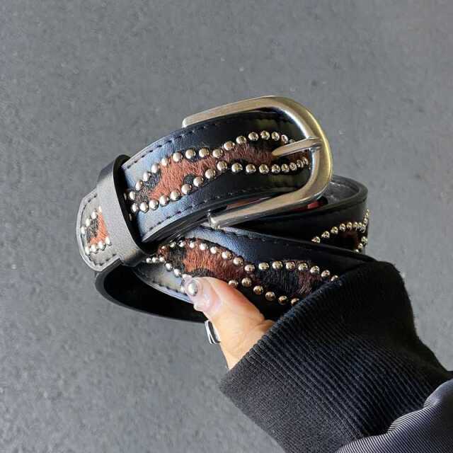 スタッズハラコヒョウ柄ベルト