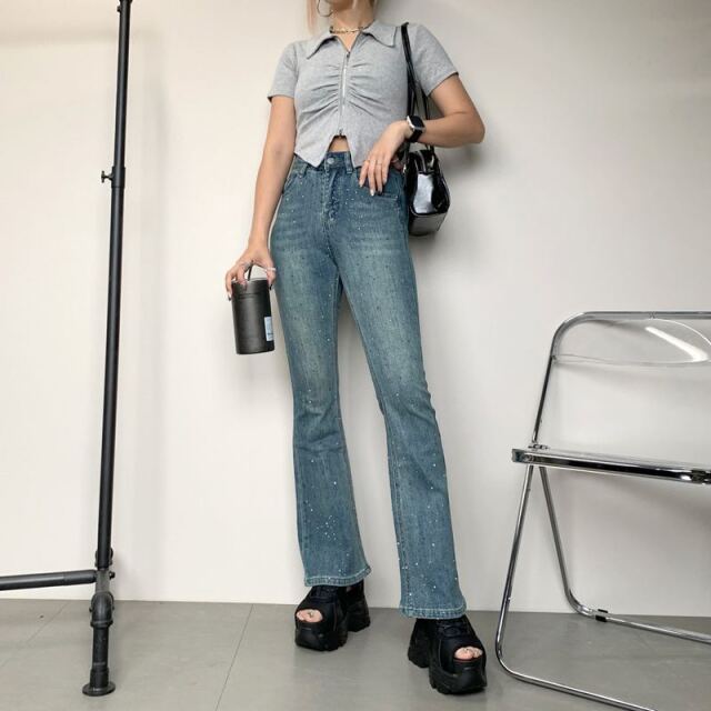 ストーンデニムフレアパンツ