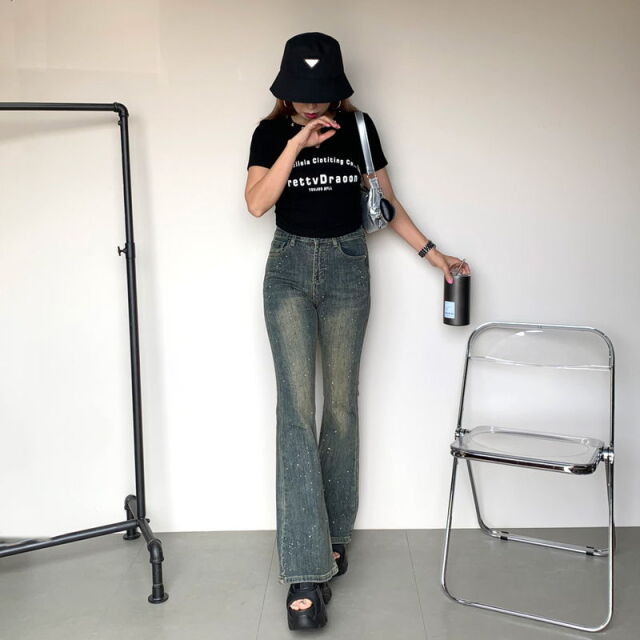 ストーンデニムフレアパンツ