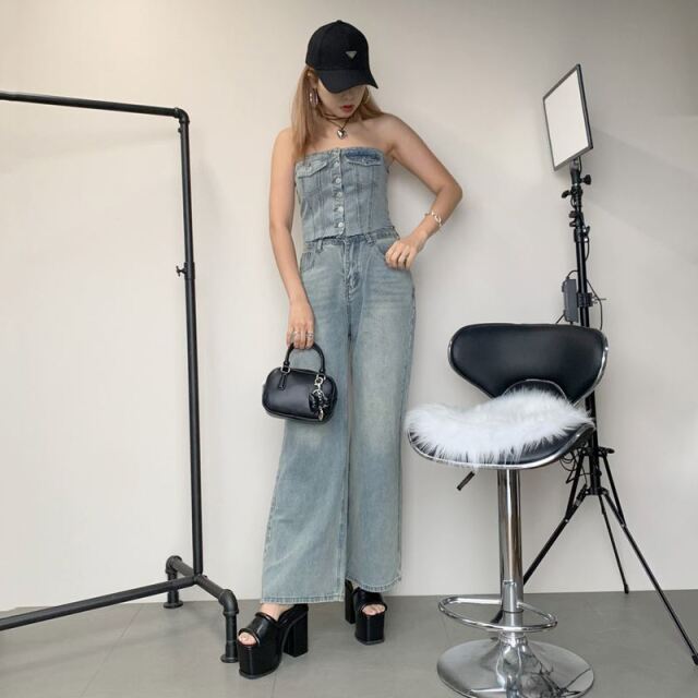 デニムビスチェパンツセット