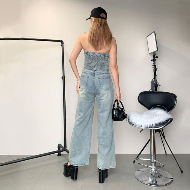 デニムビスチェパンツセット