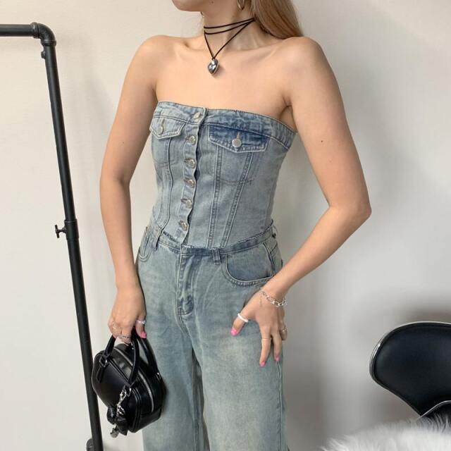 デニムビスチェパンツセット