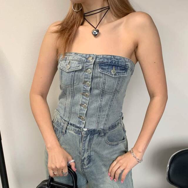 デニムビスチェパンツセット