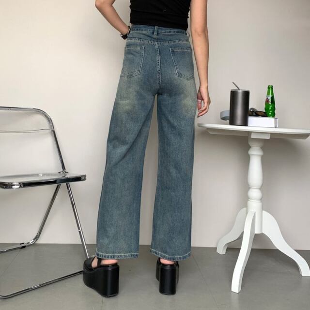 ストーンデニムストレートパンツ