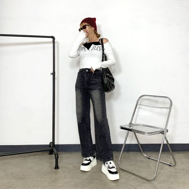 ストーンデニムストレートパンツ