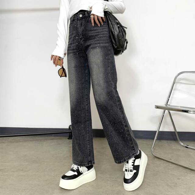 ストーンデニムストレートパンツ