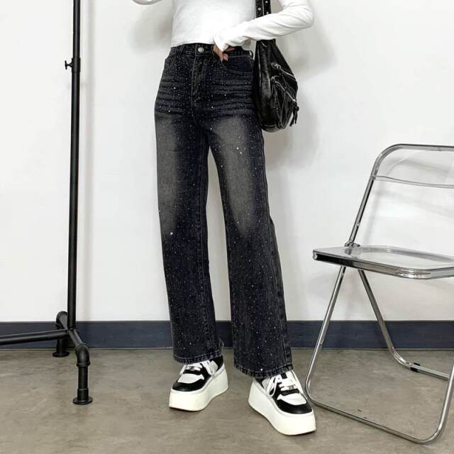 ストーンデニムストレートパンツ