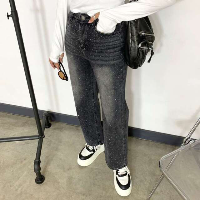 ストーンデニムストレートパンツ