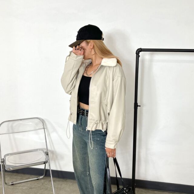 合成皮革エリフェイクファーブルゾン
