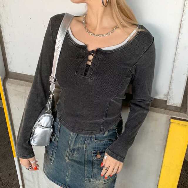 レースアップリブショートトップス