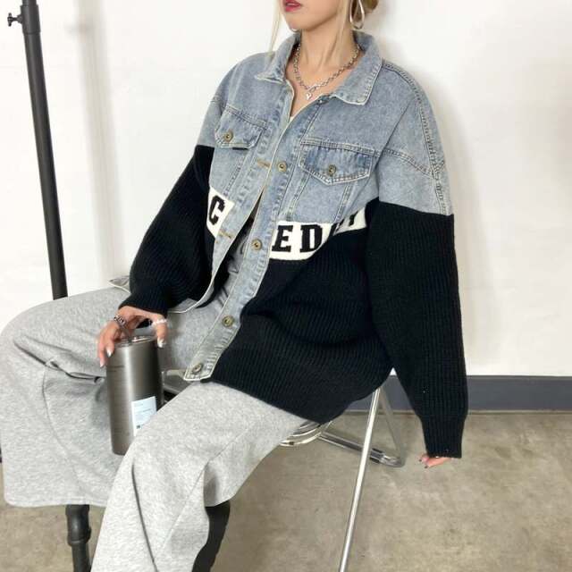 デニム切替ニットカーディガン