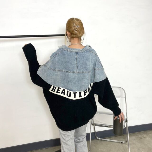 デニム切替ニットカーディガン