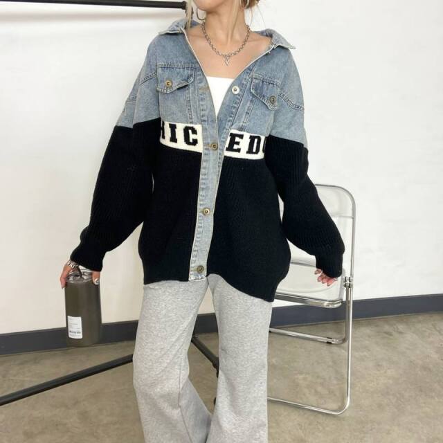 デニム切替ニットカーディガン