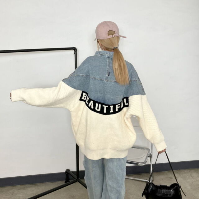 デニム切替ニットカーディガン