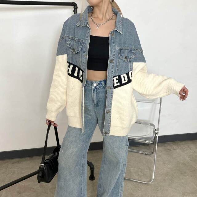 デニム切替ニットカーディガン
