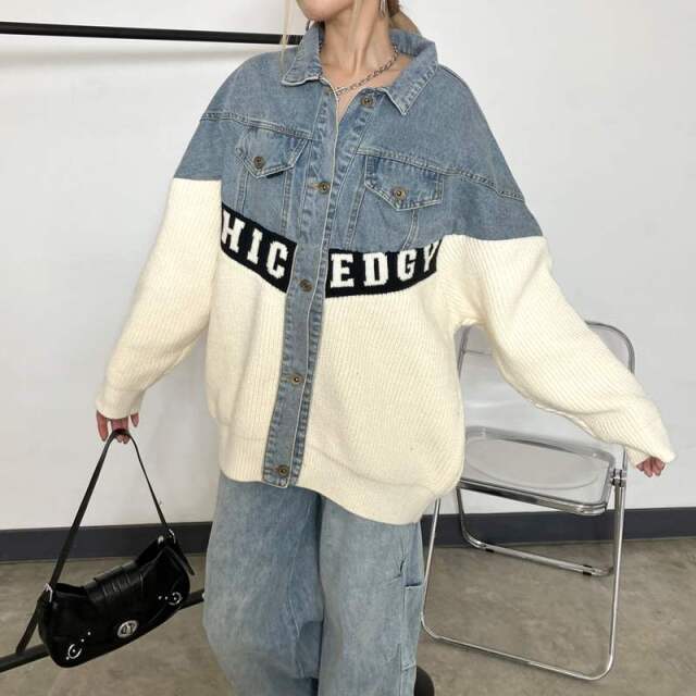 デニム切替ニットカーディガン