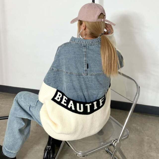 デニム切替ニットカーディガン