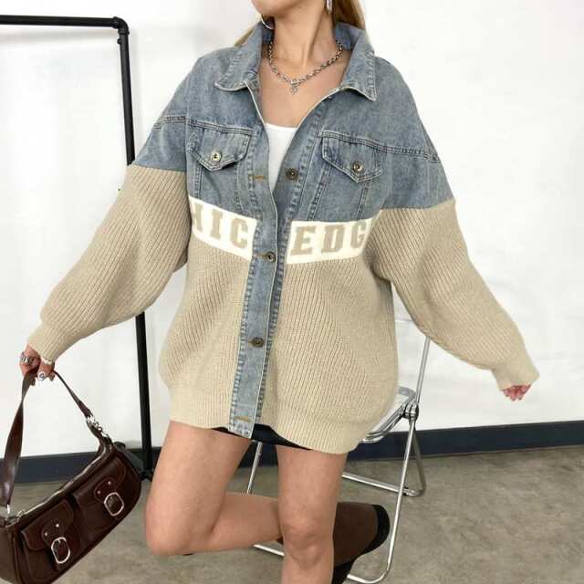 デニム切替ニットカーディガン