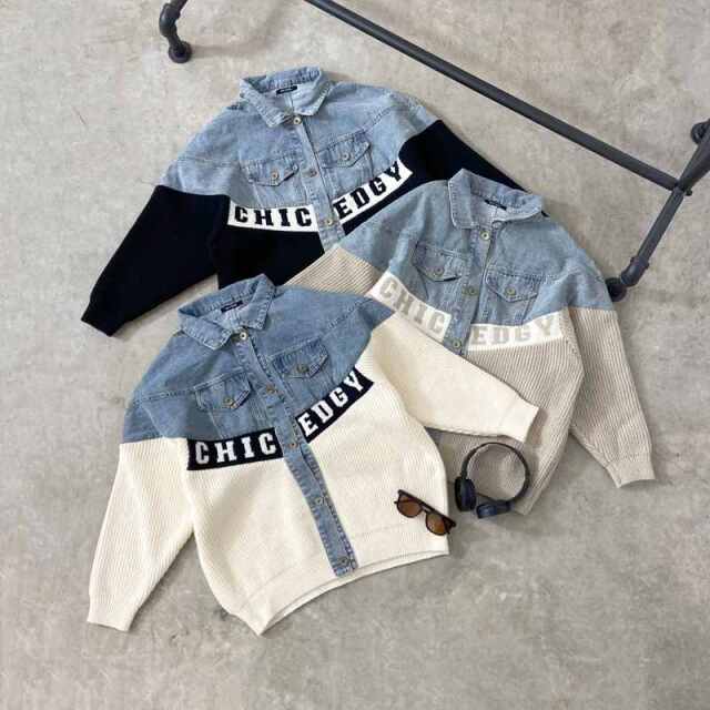 デニム切替ニットカーディガン