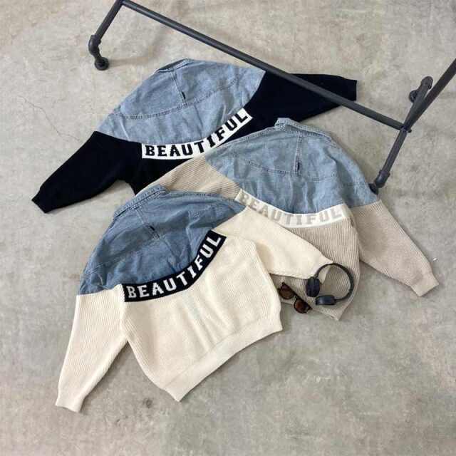 デニム切替ニットカーディガン