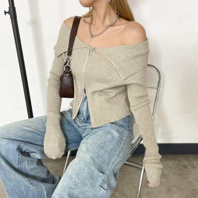 ZIPオフショルリブニット