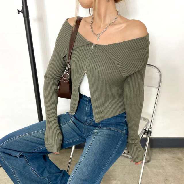 ZIPオフショルリブニット