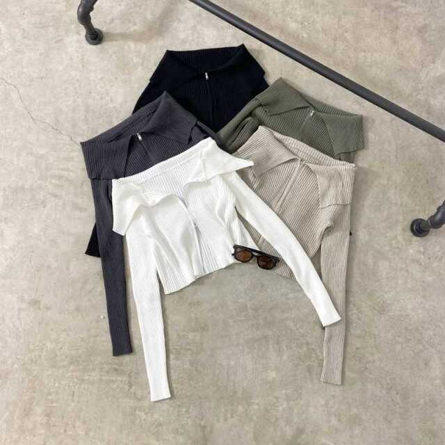 ZIPオフショルリブニット