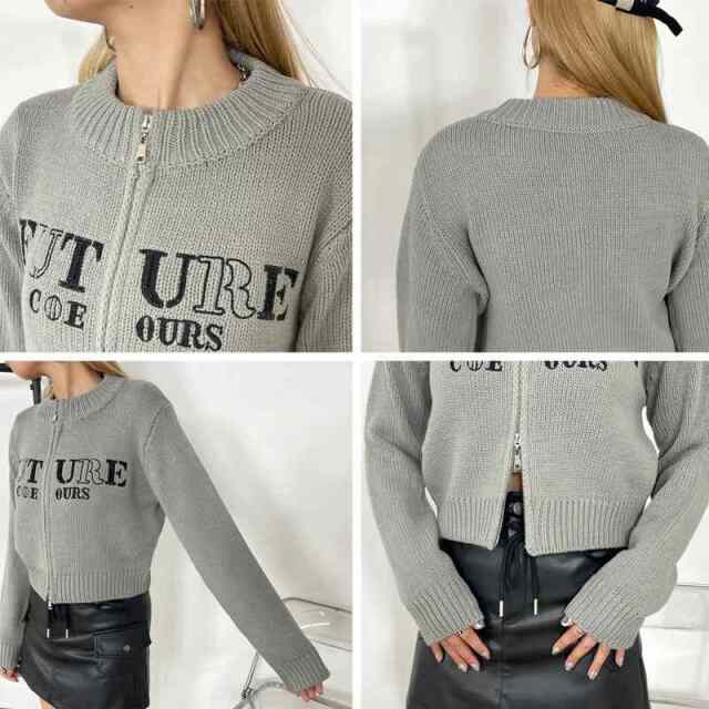 ロゴ刺繍ZIPニットトップス