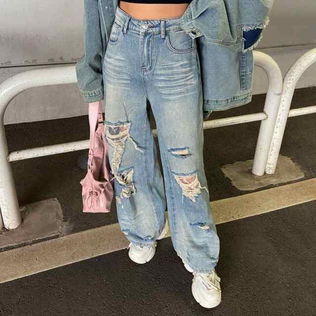 ダメージレースデニムワイドパンツ