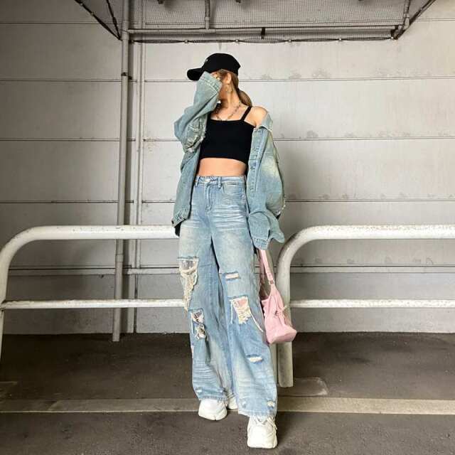 ダメージレースデニムワイドパンツ