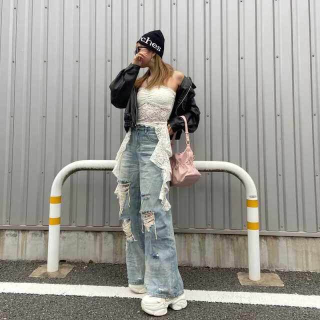 ダメージレースデニムワイドパンツ