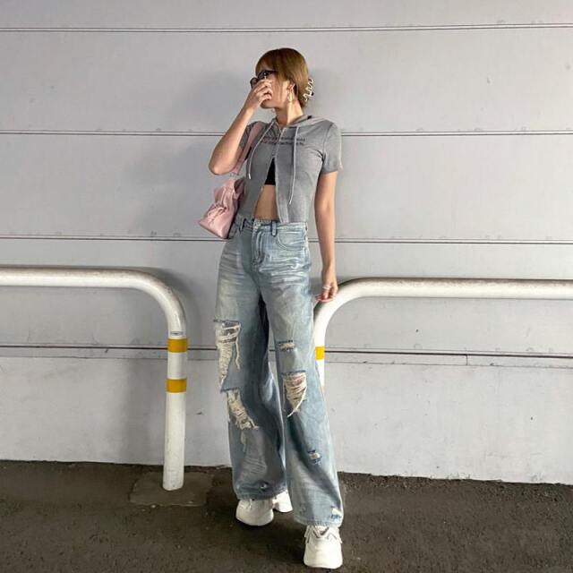 ダメージレースデニムワイドパンツ
