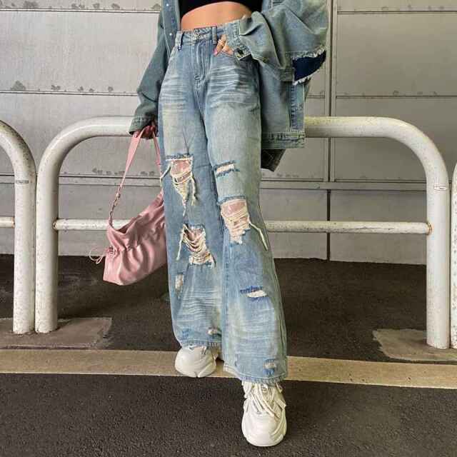 ダメージレースデニムワイドパンツ