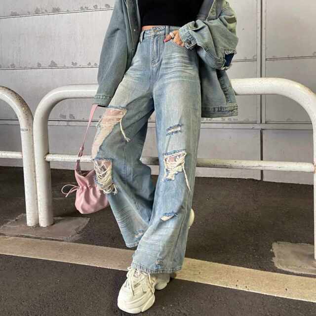 ダメージレースデニムワイドパンツ