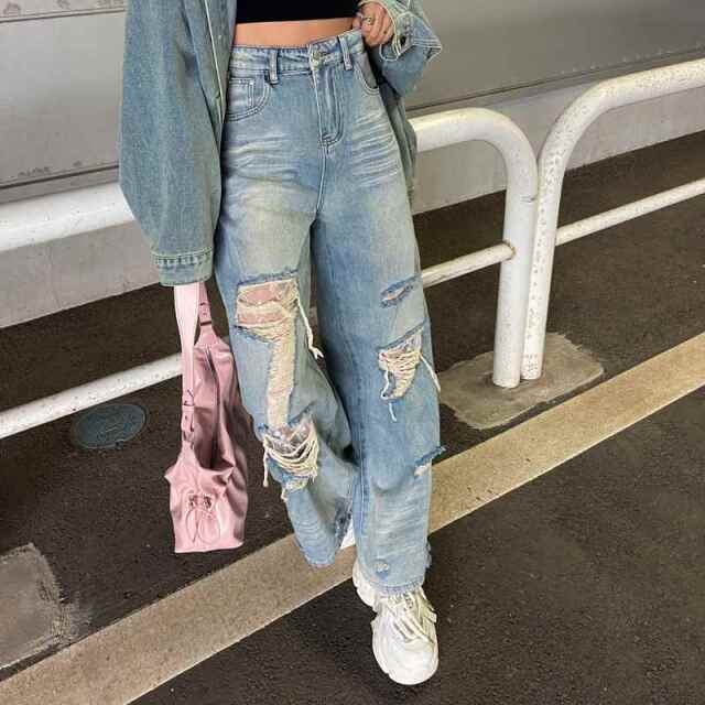 ダメージレースデニムワイドパンツ