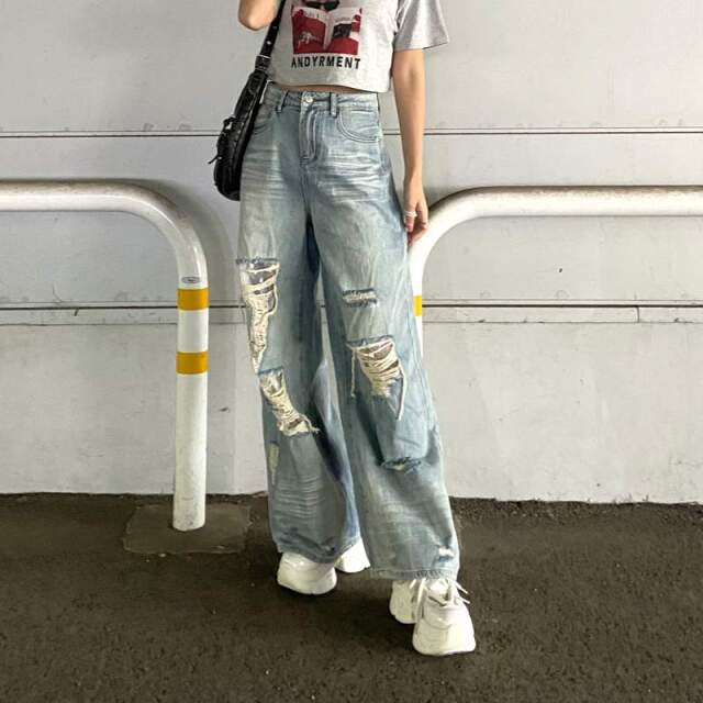 ダメージレースデニムワイドパンツ