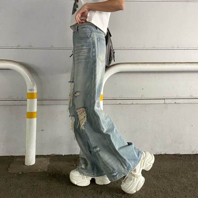 ELFSACK ジーンズ ボトムス ダメージ ワイドパンツ レース SOMETHING LISAレースアップワイドデニムパンツ|SOMETHING