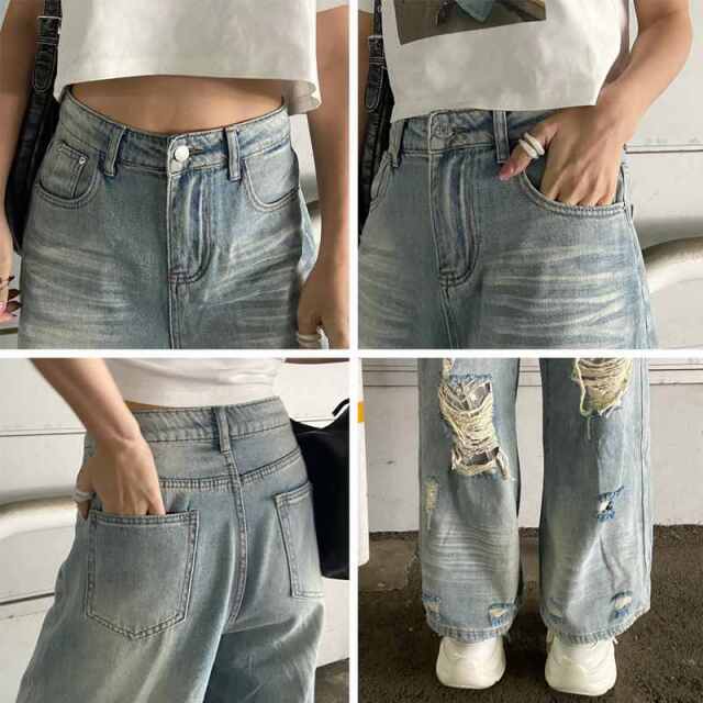 ELFSACK ジーンズ ボトムス ダメージ ワイドパンツ レース non-hedge ダメージレースデニムワイドパンツ|TiMTiMオンライン