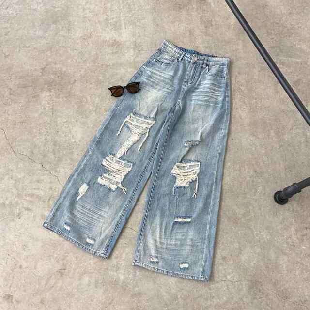 ダメージレースデニムワイドパンツ