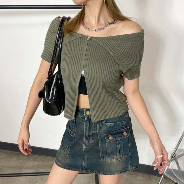 ZIPオフショルリブニットトップス