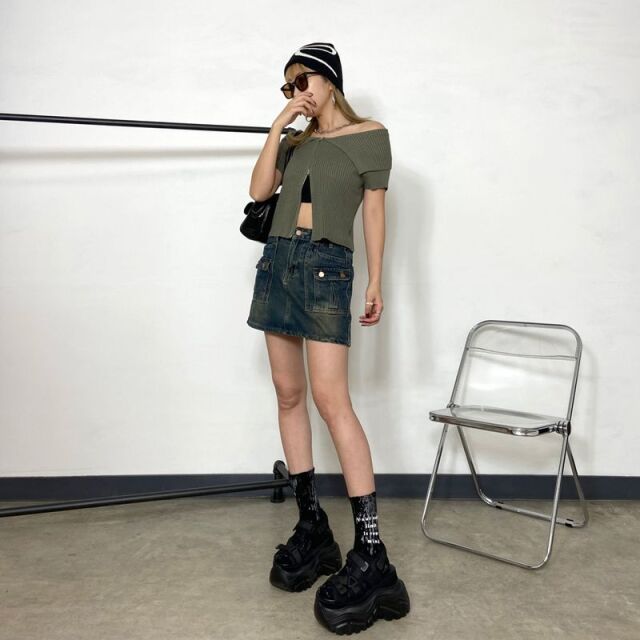 ZIPオフショルリブニットトップス