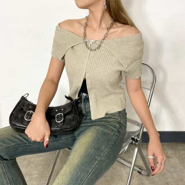 ZIPオフショルリブニットトップス