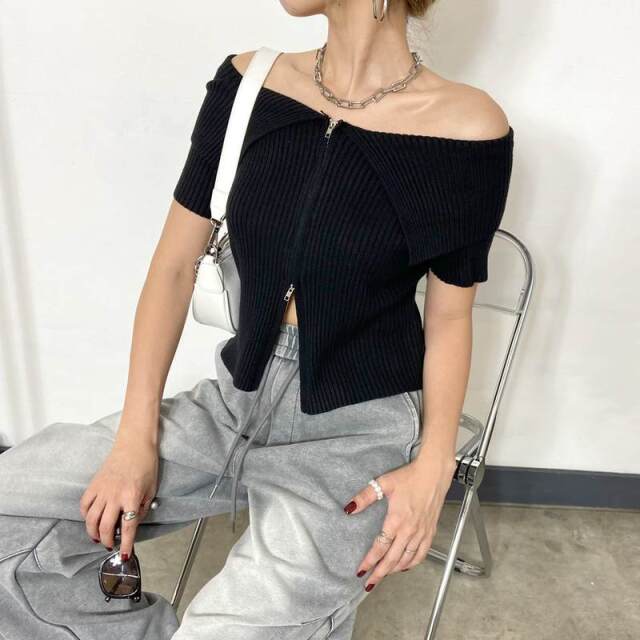ZIPオフショルリブニットトップス