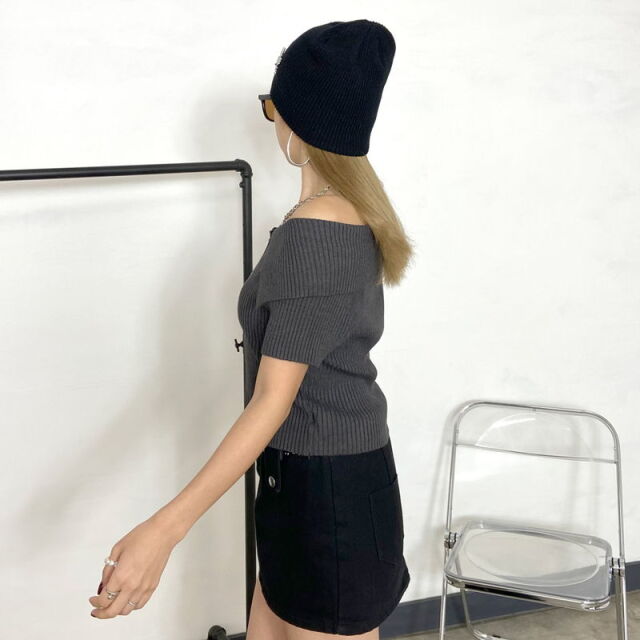 ZIPオフショルリブニットトップス