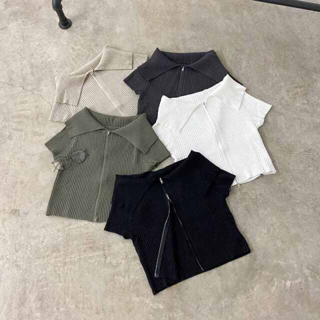ZIPオフショルリブニットトップス