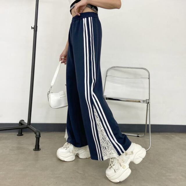 カットラインレース切替ワイドパンツ