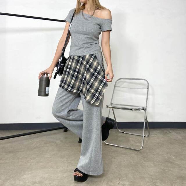 Tシャツ・チェックレイヤード付きワイドパンツセットアップ