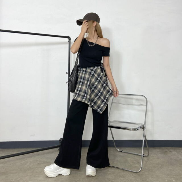 Tシャツ・チェックレイヤード付きワイドパンツセットアップ